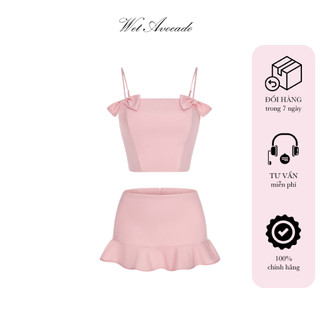 Set đồ học sinh Pink Venus áo hai dây đính nơ + chân vây hồng bèo nhún 23MN-2-M