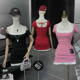 Đầm body phối nhún sườn tay ngắn chất thun gân đại dày dặn co giãn thích hợp mặc đi tiệc đi làm đi chơi