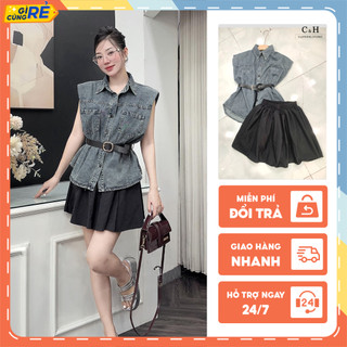 Set đồ nữ Áo sơ mi tay hến Mix chân váy đen cá tính Tặng kèm đai C&H Clothing Freesize