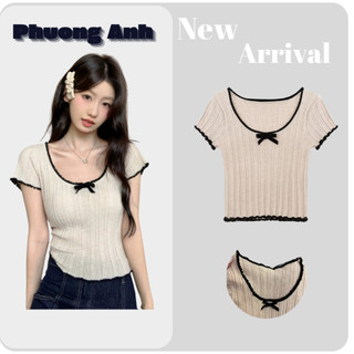 Áo thun dệt kim cổ tròn đính nơ 3333