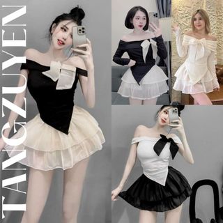 Set đồ nữ áo trễ vai nơ ôm body dài tay + chân váy voan ngắn xòe tầng có quần trong bảo bộ Váy đầm tiểu thư T126G MONOKA