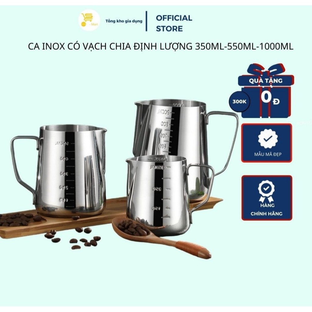 Ca đong vạch inox-Ca đánh sữa inox có vạch chia dung tích cao cấp MTA-MART