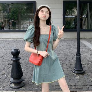 Đầm denim cổ vuông tay phồng xinh xắn, váy mini denim dáng A ngắn phong cách retro Hàn Quốc 12475