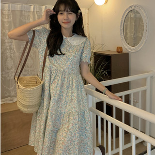 Đầm chữ A hoa nhí cổ búp bê dễ thương, váy hoa xanh tay ngắn xinh xắn phong cách Hàn Quốc 63664