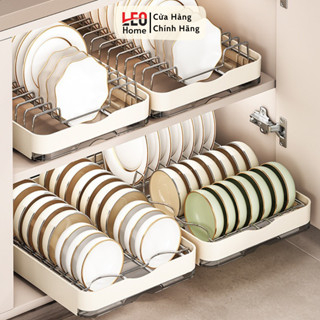 Giá úp bát đĩa có ray trượt để gầm bếp, giá để bát đĩa có khay hứng nước INOX không gỉ LEO1