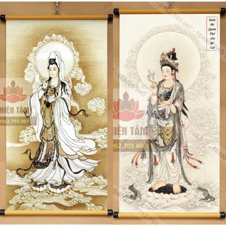Tranh Quan Âm Bồ Tát Cổ treo tường chất liệu vải phủ bóng cao cấp dày dặn