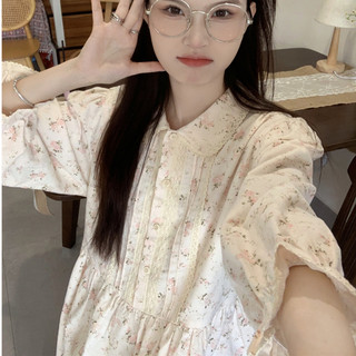 Đầm mùa hè cổ sơ mi hoa nhí xinh xắn, Váy midi thiết kế cổ sơ mi form rộng phong cách Hàn Quốc 61696