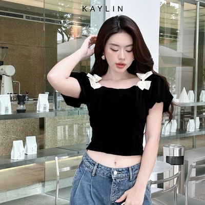Áo kiểu KAYLIN form croptop tay phồng phối nơ chất vải nhung phong cách sang chảnh - N2268