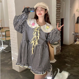 Đầm midi nữ cổ búp bê hoa kẻ caro, Váy midi babydoll hoạ tiết caro phong cách tiểu thư Hàn Quốc 5503
