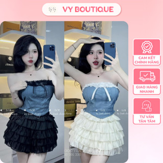 [HỎA TỐC] Set Áo Cúp Ngực Đính Nơ Phối Viền Ren Có Mút Ngực Kèm Chân Váy Xếp Tầng By Vy Boutique