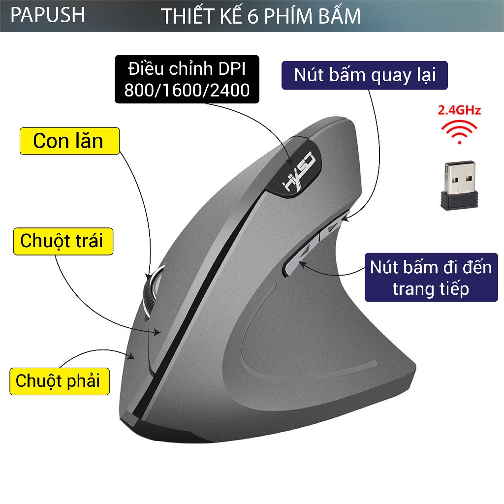 Chuột không dây kiểu đứng, CHUỘT CÔNG THÁI HỌC HXSJ wireless USB 2.4GHz chống mỏi PC/laptop | BigBuy360 - bigbuy360.vn