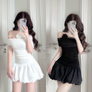 Đầm bẹt vai bí đính hoa nhíu eo 2 màu