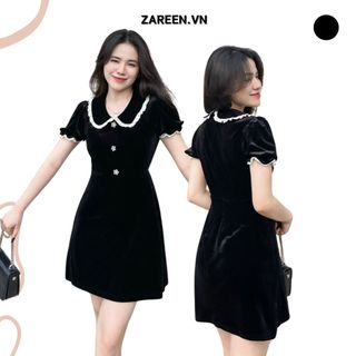 ZAREEN | ĐẦM NHUNG VIỀN REN TAY PHỒNG ZAREEN DAX56