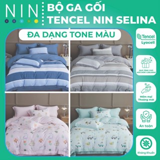 Bộ 5 món drap, áo gối NIN Tencel SELINA mẫu mới 2023 chất lụa tencel mềm mát Không kèm mền