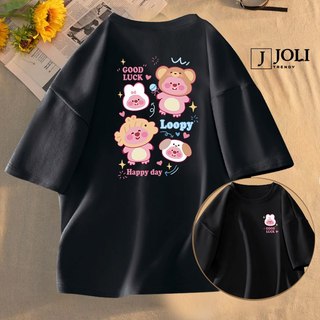 Áo Thun Nữ, Áo Phông Nam Nữ Unisex Tay Lỡ By JOLI Mã TN Loopy Hồng Chất Cotton Form Rộng Phong Cách Ulzzang