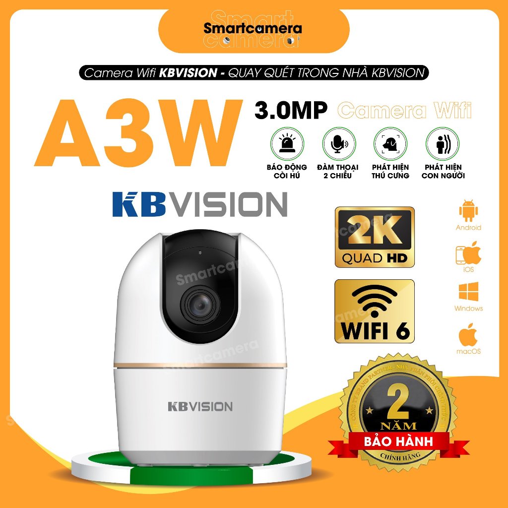 Camera KBVISION WIFI Trong Nhà A3W A5W, 3MP/5MP, Đàm Thoại 2 Chiều, Theo Dõi Chuyển Động, BH 2 Năm