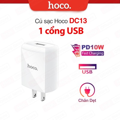 Củ sạc PD10W 1 cổng USB Hoco DC13 tương thích với nhiều dòng điện thoại, chân dẹt