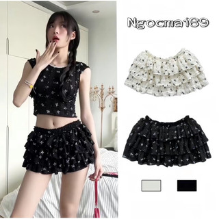 Chân váy ngắn cạp trễ nhún tầng hoạ tiết nơ trendy - chân váy xoè tầng y2k cạp thấp hấp dẫn hoạ tiết nơ