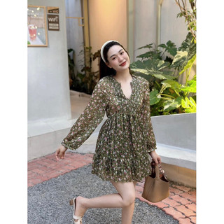 D151 Đầm váy babydoll ngắn tay dài hoạ tiết hoa nhí màu xanh mẫu zarà