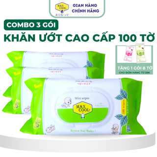 Combo 3 gói khăn ướt Max Cool 100 tờ, không hương - Hàng chính hãng an toàn cho bé