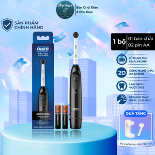 Bàn Chải Đánh Răng Pin Oral-B Pro 100 Charcoal Than Hoạt Tính - Dùng 2 Pin AA, Hẹn Giờ 2-Phút, Màu Trắng Đen