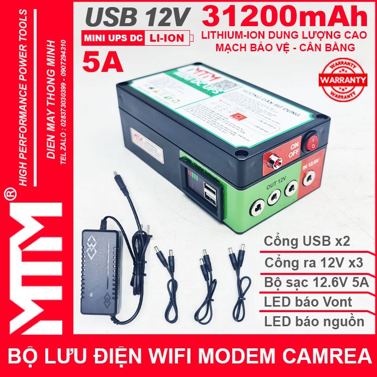 Bộ lưu điện wifi modem camera khóa cửa từ đèn quạt DC USB 12V 31200mAh 5A MTM – Mini UPS DC USB 12V