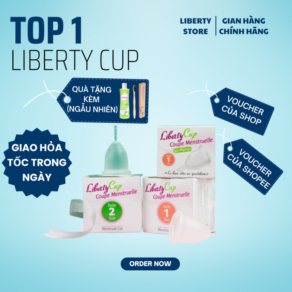 Cốc nguyệt san Liberty Cup nhập khẩu chính hãng, 100% silicon y tế, độ mềm lý tưởng, dễ sử dụng