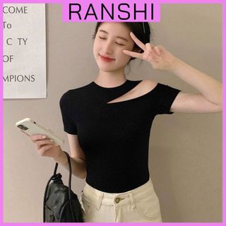 Áo Thun Khoét Vai RANSHI Cổ Tròn Tay Ngắn Cho Nữ Form Dáng Basic Chất Thun Gân Dày Dễ Phối Đồ - RA240