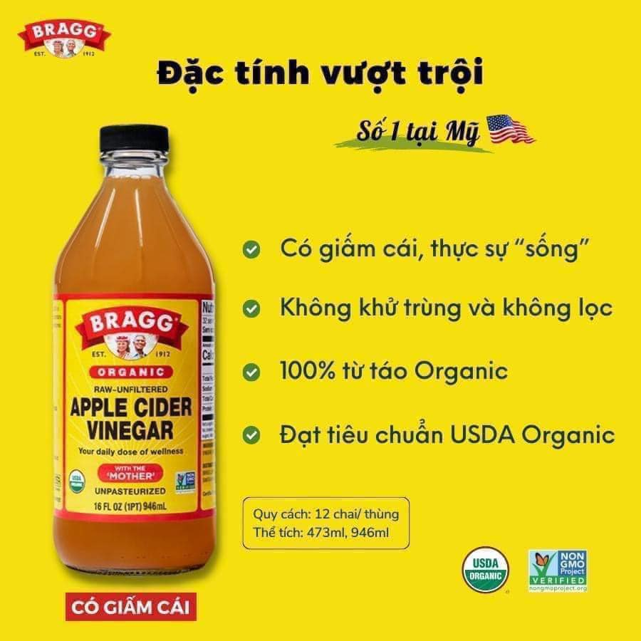 Giấm Táo Hữu Cơ Bragg Organic Của Mỹ Có Giấm Cái 473ml, 946ml - Dấm Táo Giảm Cân Gofit Mart