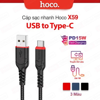 Cáp sạc nhanh PD15W USB to Type-C Hoco X59 đầu sạc chống gẫy gập, hỗ trợ truyền dữ liệu, dài 1m