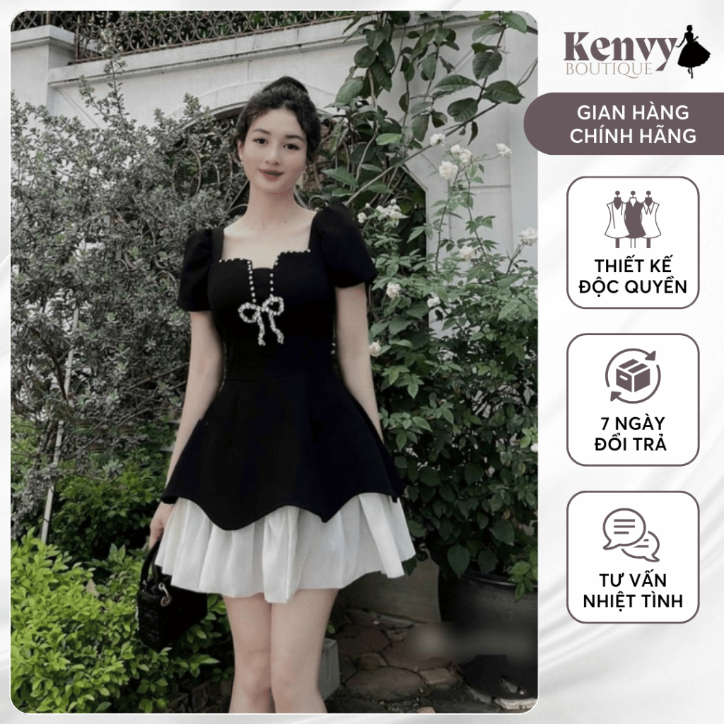 Váy Tuyết Mưa Cổ VuôngĐầm Nữ Dự Tiệc Đính Đá Phối Tơ Bèo Sang Chảnh Phong Cách Tiểu Thư Thời Trang N