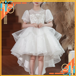 Váy công chúa bé gái thiết kế cao cấp cho bé đi dự tiệc đuôi tôm màu trắng tay bồng DBG134