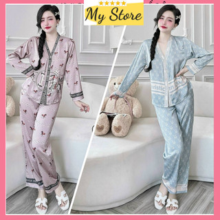 Đồ bộ nữ form cổ Y dưới 58kg quần dài mặc nhà Pyjama dễ thương, bộ ngủ tay dài vải lụa latin in 3D cao cấp