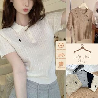 Áo len cộc, áo polo cổ bẻ cài khuy phối thêu ngựa ngực len vặn thừng chất mongtoghi dêt kim năng động qccc matmatshop