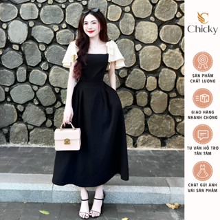  Đầm Đen Dự Tiệc Cổ Vuông Phối Voan Tay Bèo Tầng Nơ XInh Xắn Ôm Dáng Xòe Dáng Dài Tone Màu Basic Sang Chảnh Hot SP009933 