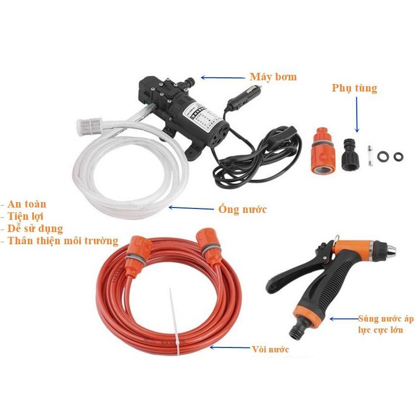 Máy xịt rửa xe tăng áp bơm 12v xịt mạnh, phun sương nhiều chế độ, nguyên bộ đầy đủ