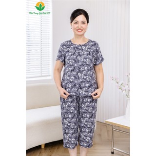 Bộ mặc nhà trung niên nữ xuân hè chất Lanh Việt Thắng quần lửng áo cộc tay  B06.2448