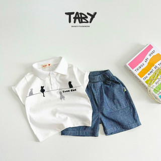  Set polo cotton họa tiết mèo đáng yêu phối quần shorts lưng thun màu giả bò cao cấp cho bé trai từ 9-25kg 0324B25