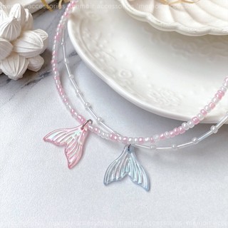 Arata / Vòng cổ hạt cườm tối giản màu hồng trắng ngọt ngào đuôi cá hologram