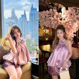 Set K19 áo lụa buộc hoa cổ phối chân váy