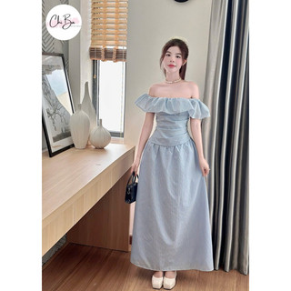 Đầm thiết kế maxi sọc trễ vai xếp li eo - Chị Ba Boutique