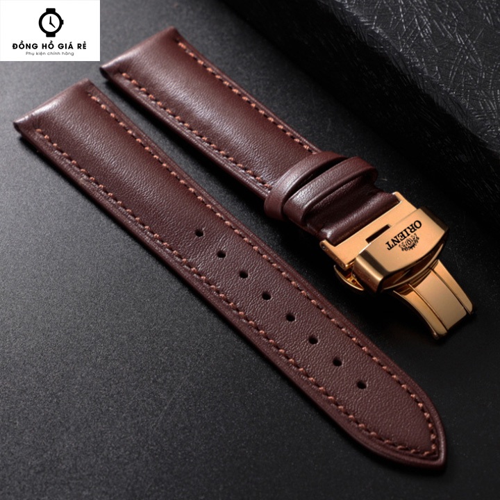 Dây đeo cho đồng hồ Orient, da bò Trơn size 21mm 22mm 20mm khoá bướm 2 nút bấm Kèm Hộp