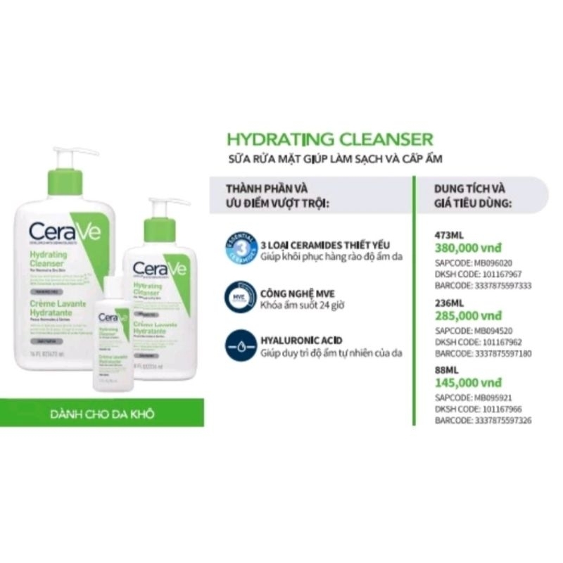 Sữa rửa mặt Cerave Foaming Facial Cleanser Cerave da khô 273ml