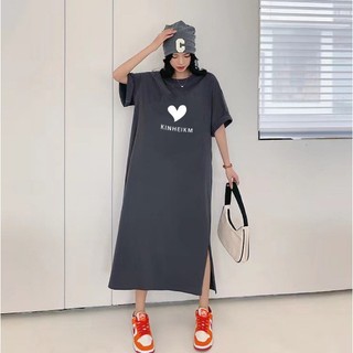 Váy thun ngắn tay cỡ lớn dành cho nữ dài đến giữa đầu gối in trái tim và chữ KINHEIKM giản dị TTDSA0272