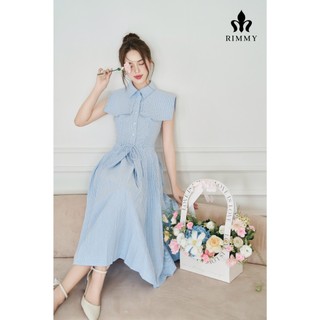 Đầm thiết kế xanh kẻ vạt cổ bong công sở tinh tế, lịch sự Lamous Dress by RIMMY