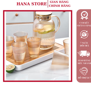 Bộ bình nước thuỷ tinh chịu nhiệt, 6 cốc thủy tinh + 1 bình uống nước thủy tinh họa tiết vân sọc