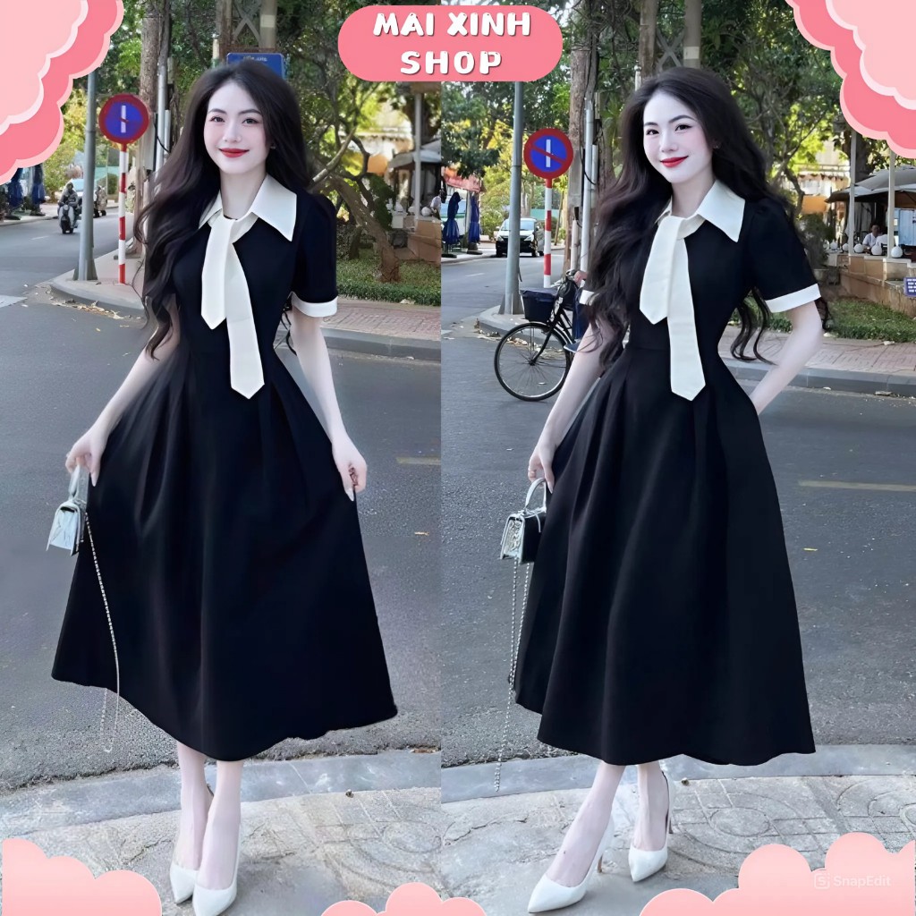 Váy Nữ - Đầm dự tiệc tiểu thư thiết kế cổ cà vạt maxi dáng xòe sang chảnh công sở thanh lịch mai_xinh_shop A120