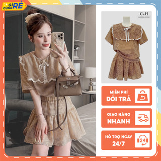 Set kẻ nữ mùa hè phối ren Baby cộc tay Mix chân váy xòe C&H Clothing màu nâu Vintage
