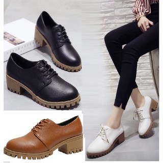 [TRỢ SHIP_RETRO] Giày oxford nữ đế thô 5 phân S162 đế vuông chắc, cột dây, cổ ngắn, trắng đen