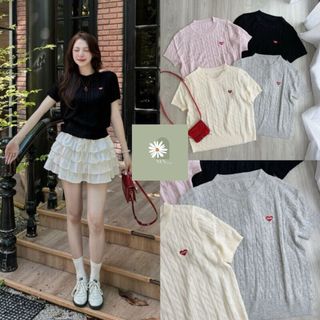Áo len cộc, áo thun dệt kim cổ tròn phối vặn thừng thêu tim nhỏ chất mongtoghi phong cách hàn quốc nvn.store
